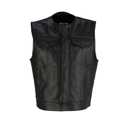 Men's Textile Motorcycle Vest with Leather Trim Concealed Snap Closure Solid Back 